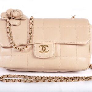 Authentic Chanel Lambskin Quilted Mini Chocolate Bar Camellia Flap Crossbody Bag
